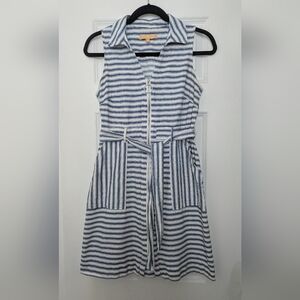 Blue Striped Sleeveless Dress with Belt, Cotton, Linen, Petite, Nautical